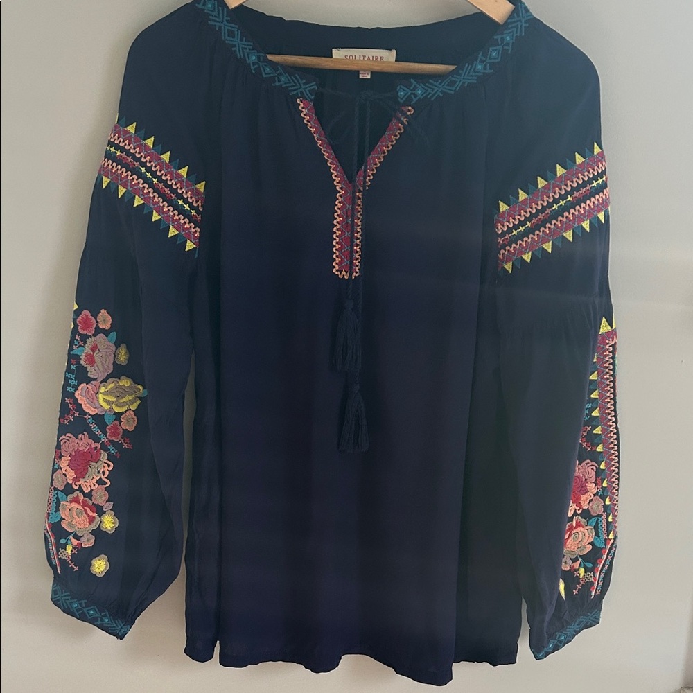 Solitaire Navy Blouse with Floral Embroidery
